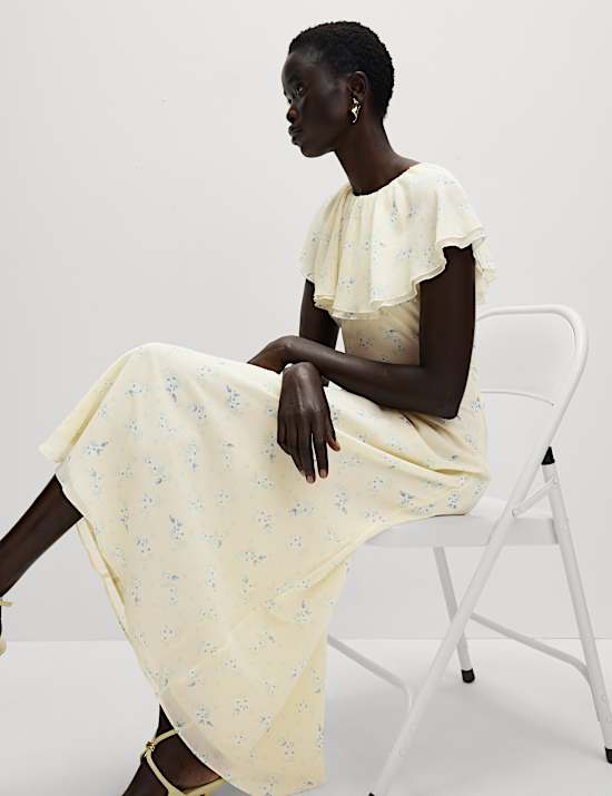 Printed Cape Detail Maxi Tea Dress