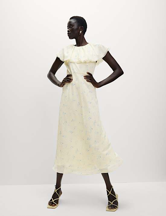 Printed Cape Detail Maxi Tea Dress