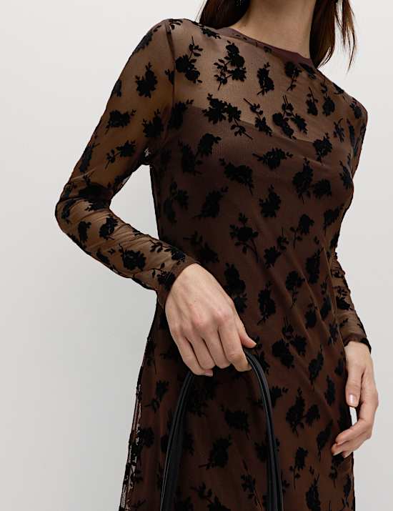 Μίντι-μάξι φλοράλ Devoré φόρεμα με στρογγυλή λαιμόκοψη