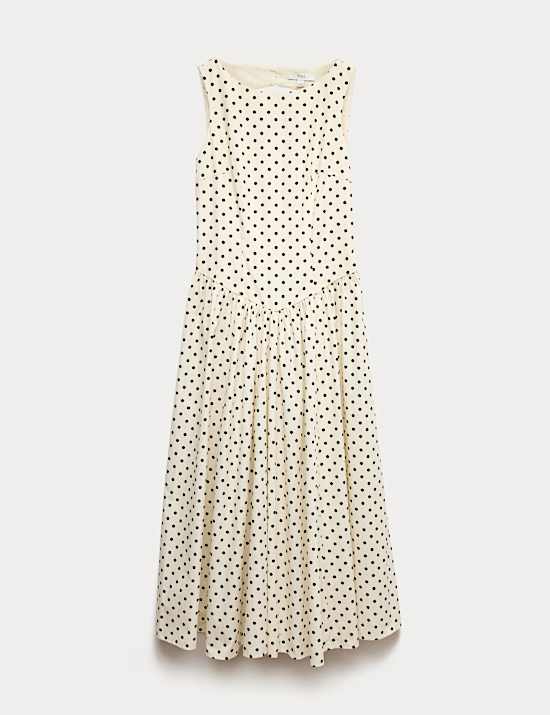 Robe midaxi à col rond, taille ajustée et motif pois