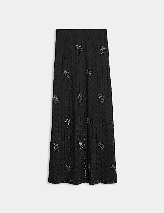 Cotton Blend Lace Embellished Midaxi Skirt