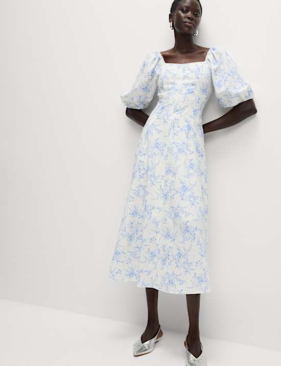 Linen Rich Printed Square Neck Midaxi Dress