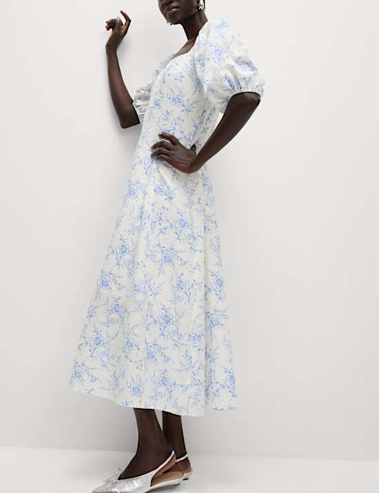 Linen Rich Printed Square Neck Midaxi Dress