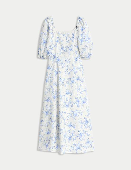 Linen Rich Printed Square Neck Midaxi Dress