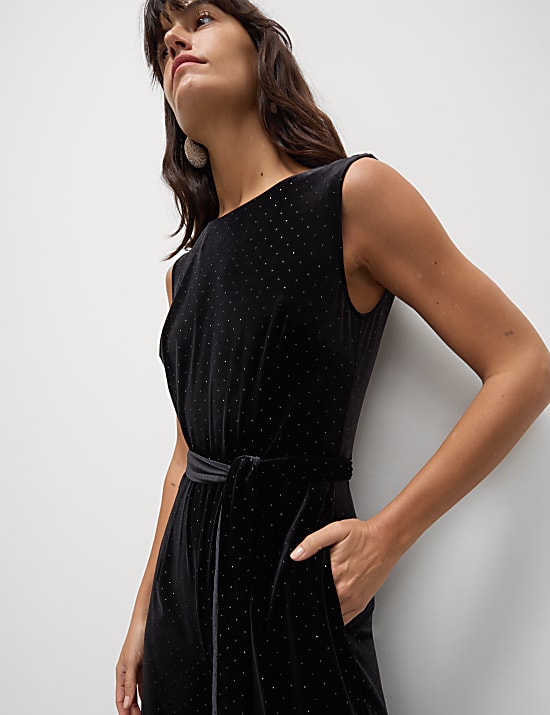 Velvet Embellished Tie Front Sleeveless Jumpsuit