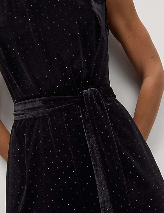 Velvet Embellished Tie Front Sleeveless Jumpsuit
