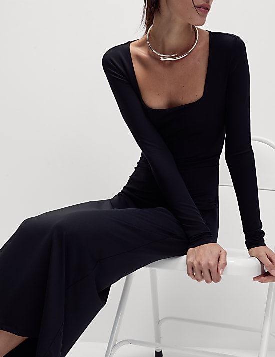 Square Neck Midaxi Bodycon Dress BLACK Dresses M S FI