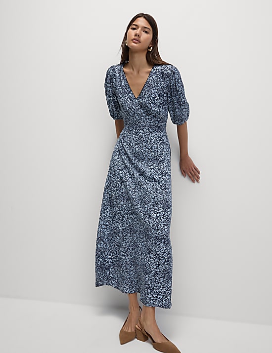 Printed V-Neck Puff Sleeve Midi Tea Dress