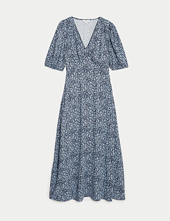 Printed V-Neck Puff Sleeve Midi Tea Dress