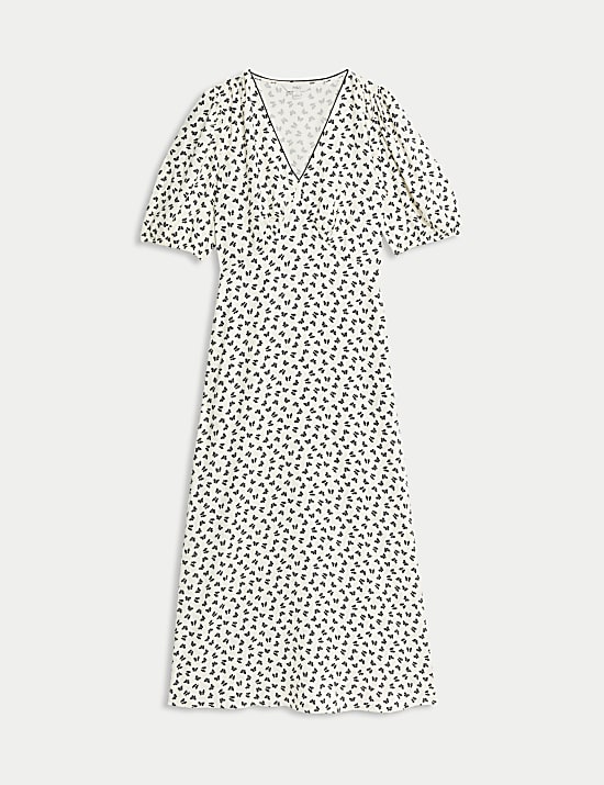 Printed V-Neck Puff Sleeve Midi Tea Dress