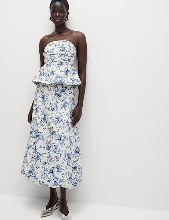 Pure Cotton Floral Midaxi Bubble Hem Skirt