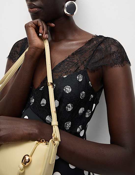 Polka Dot V-Neck Lace Detail Midaxi Tea Dress