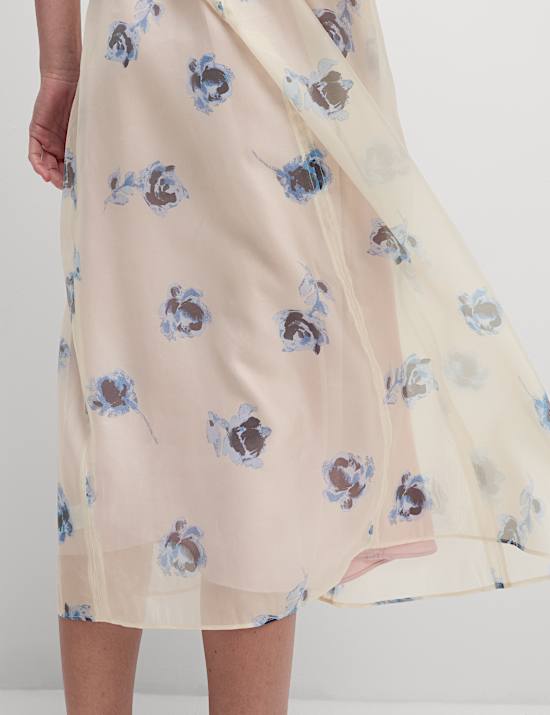 Sheer Printed V-Neck Midi Tea Dress