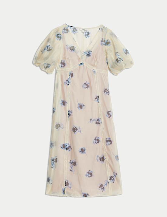 Sheer Printed V-Neck Midi Tea Dress
