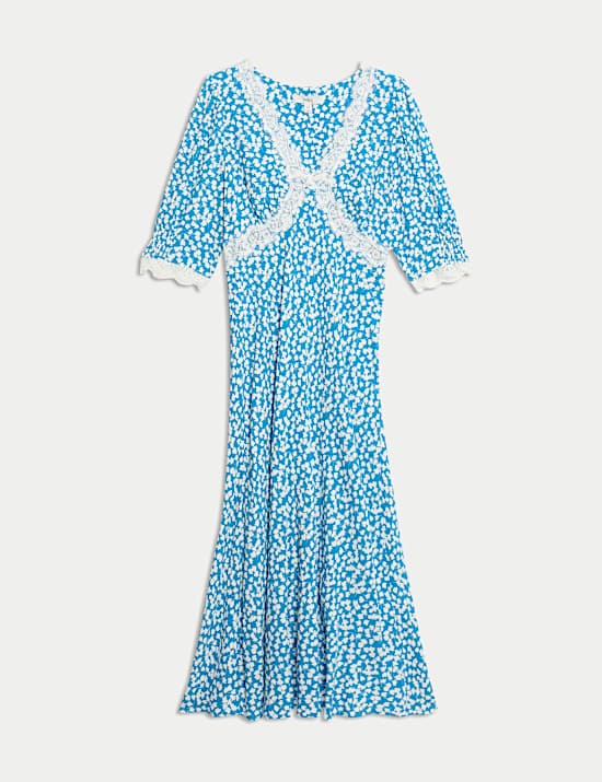 Printed V-Neck Lace Insert Midaxi Tea Dress