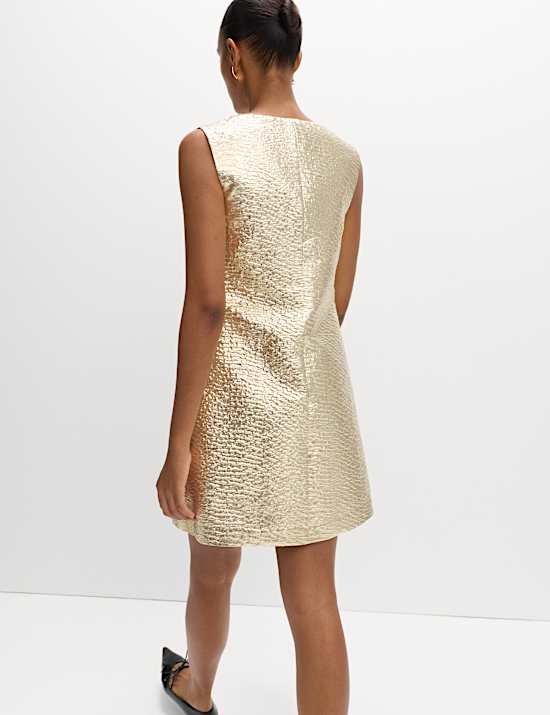 Gold Jacquard V-Neck Mini Shift Dress