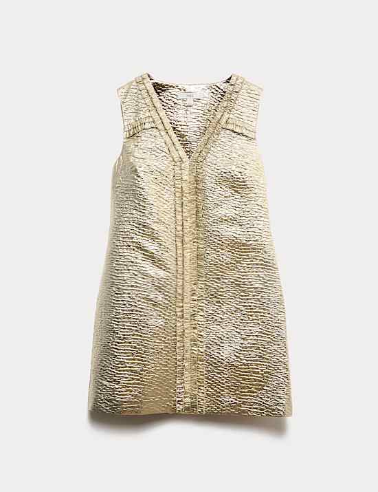 Gold Jacquard V-Neck Mini Shift Dress
