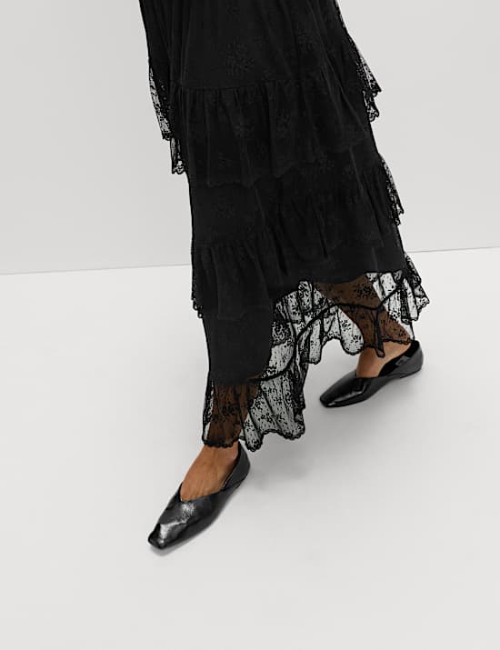 Jupe longue &agrave; volants en dentelle