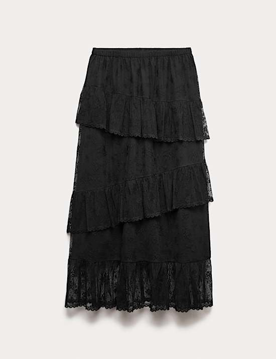 Jupe longue &agrave; volants en dentelle