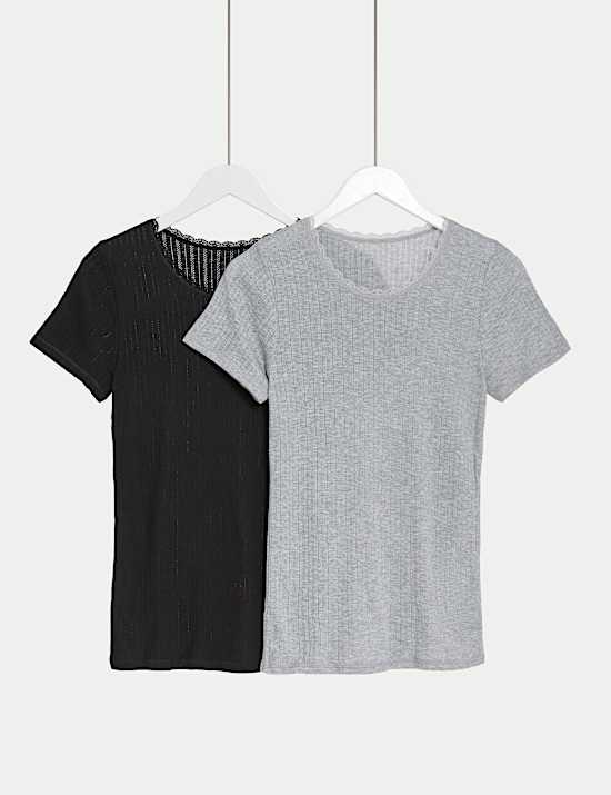 2pk Medium Warm Thermal Short Sleeve Pointelle Tops