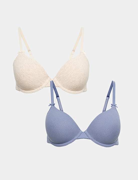 2 Pack Ribbed Wired Demi Cup Bras (A-E)