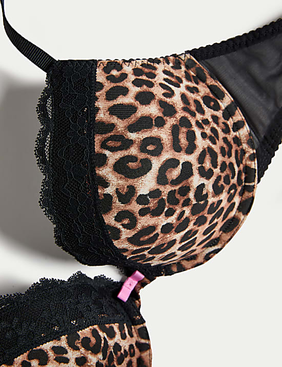 Printed Lace Trim Wired Push-Up Bra A-E