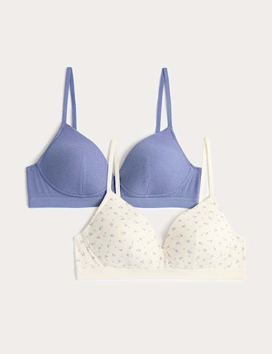 2pk Non Wired Cotton Rich Ribbed First Bras AA-D