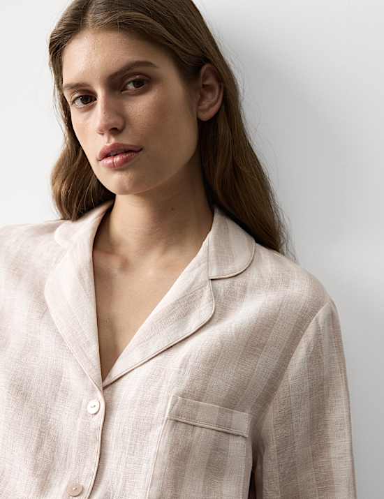 Pure Linen Striped Revere Shortie Set