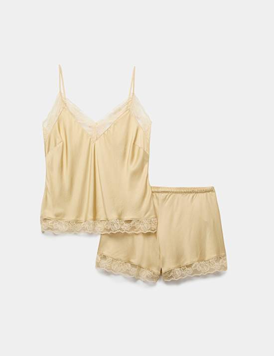 Kurzes Tr&auml;gertop aus Satin mit Spitzendetail im Set