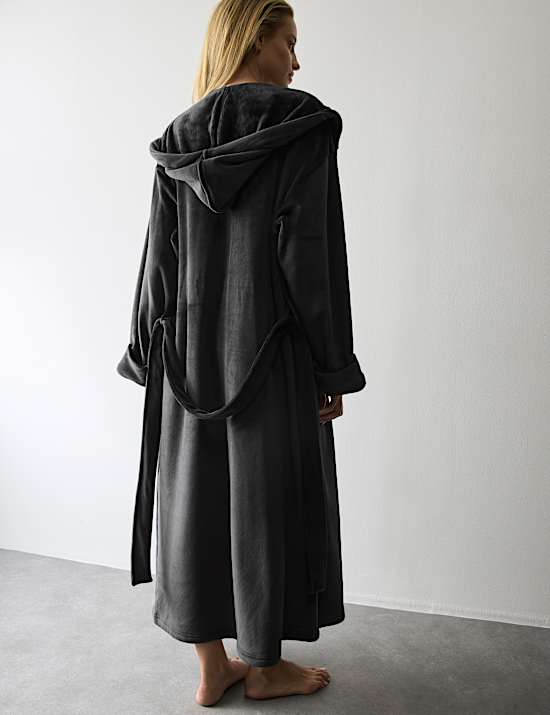 Velvet Fleece Tie Hooded Dressing Gown