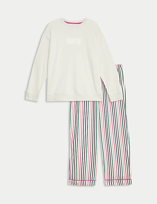 Cotton Rich Cosy Slogan Striped Pyjama Set