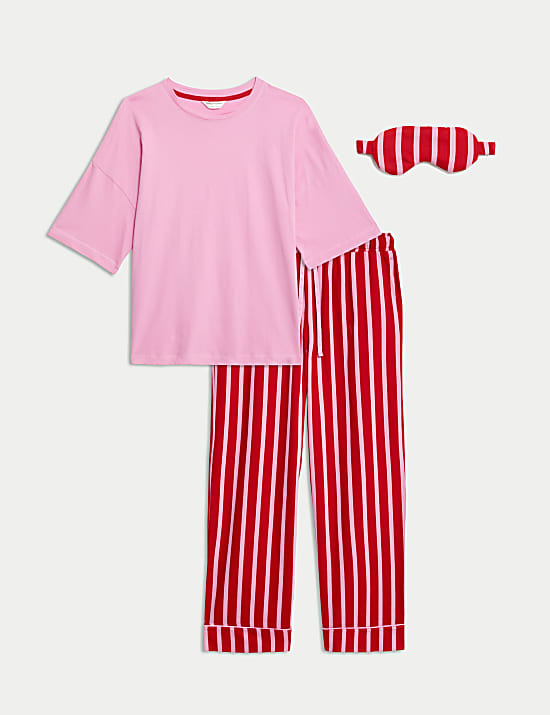 Women's Candy Striped Family Christmas Pyjama Set with Eye Mask