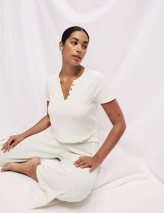 Cropped Cotton Blend Waffle Henley Pyjama Set