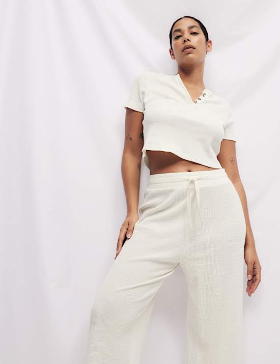 Cropped Cotton Blend Waffle Henley Pyjama Set