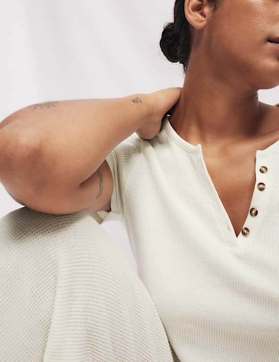 Cropped Cotton Blend Waffle Henley Pyjama Set