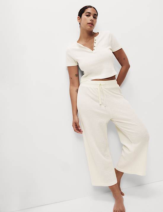 Cropped Cotton Blend Waffle Henley Pyjama Set