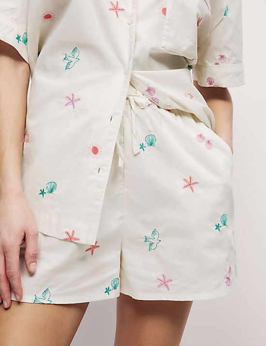 Pure Cotton Revere Embroidered Shortie Set