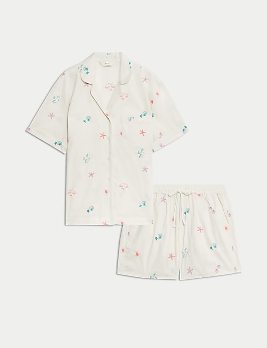 Pure Cotton Revere Embroidered Shortie Set