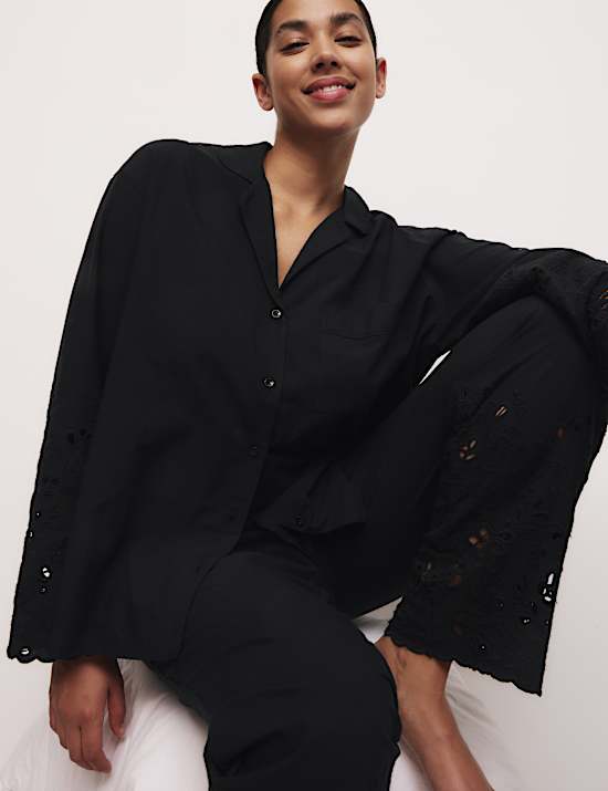 Pure Cotton Broderie Trim Pyjama Set