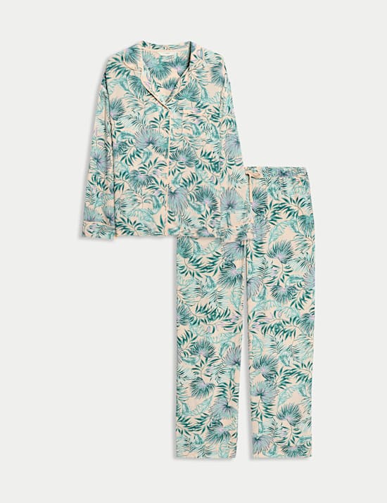 Leaf Print Revere Collar Pyjama Set