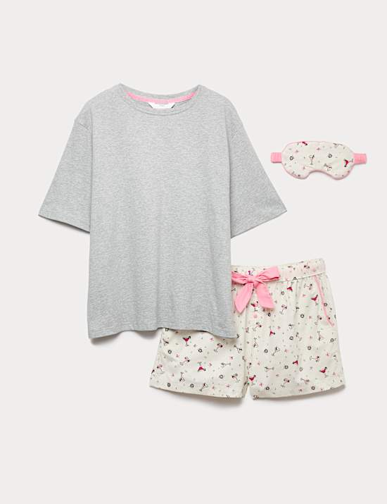 Pure Cotton Printed Shortie Set with Eye Mask