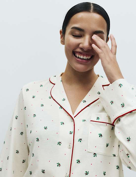 Σετ εμπριμέ πιτζάμες με γιακά από βαμβάκι και modal