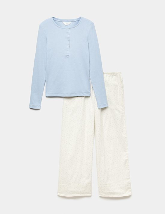 Katoenrijke pyjama met henley-hals en stippen