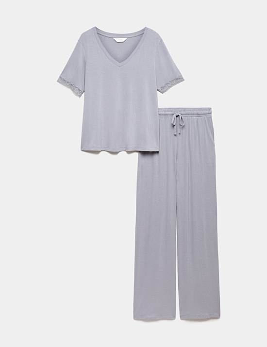 Pijama con adorno de encaje de pernera ancha