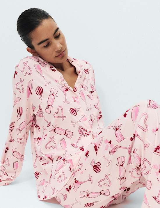 Cotton Modal Printed Revere Long Pyjama Set