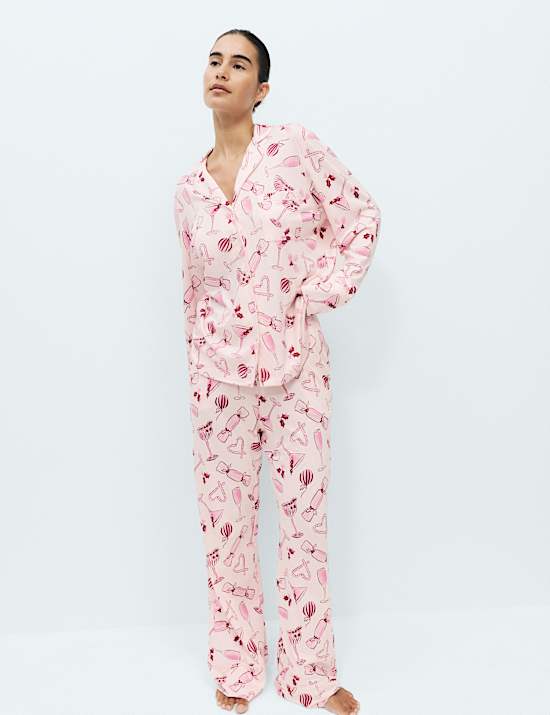 Cotton Modal Printed Revere Long Pyjama Set