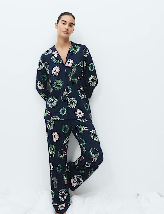 Cotton Modal Printed Revere Long Pyjama Set