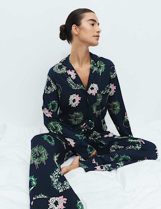 Cotton Modal Printed Revere Long Pyjama Set
