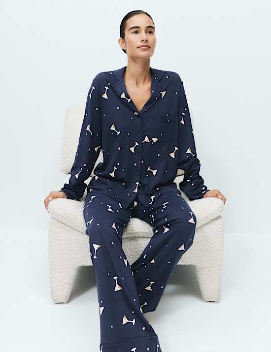Cotton Modal Printed Revere Long Pyjama Set