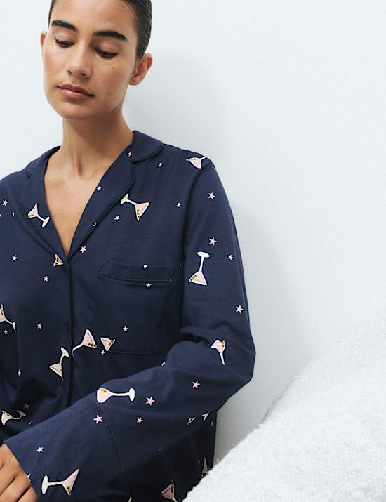 Cotton Modal Printed Revere Long Pyjama Set